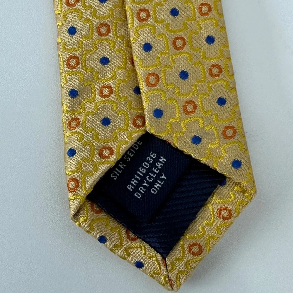 Charles Tyrwhitt Mens Silk Tie‎ Yellow Gold Blue Geometric Medallion Foulard 60L